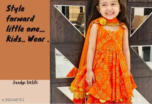 Orange rayon bandhej sharara set for girls, featuring top, dupatta, and bottomwear