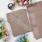 Brown georgette three-quarter sleeve lace gown duppatta set, solid pattern Indian traditional wedding attire