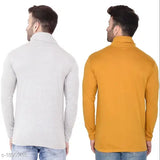 Grey cotton-blend long sleeved shawl collar t-shirts pack for men, featuring solid design on display rack, includes sizes S to XL