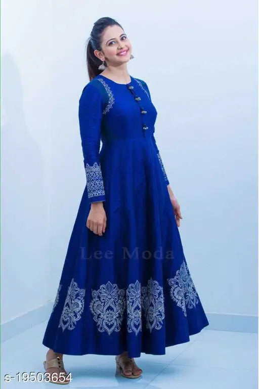 Blue printed rayon Rakul gown, Indian traditional net dress for women, size M with 38-inch bust