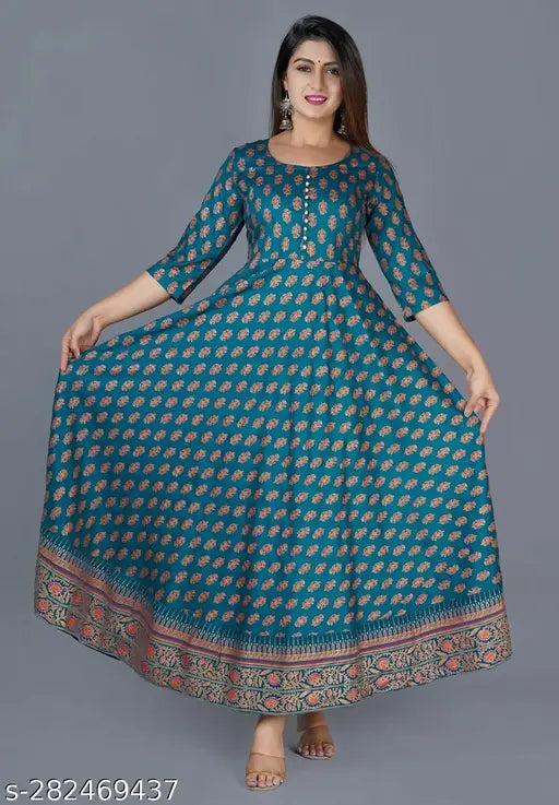 Rayon printed women's anarkali kurta with three-quarter sleeves, vibrant Indian fashion design