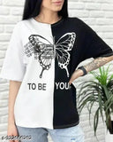 Black and White Casual Printed Cotton Over-sized T-shirt with Butterfly, Colorblock Design, Round Neck, Half Sleeve, Drop Shoulder, Long Length. Indian Brand