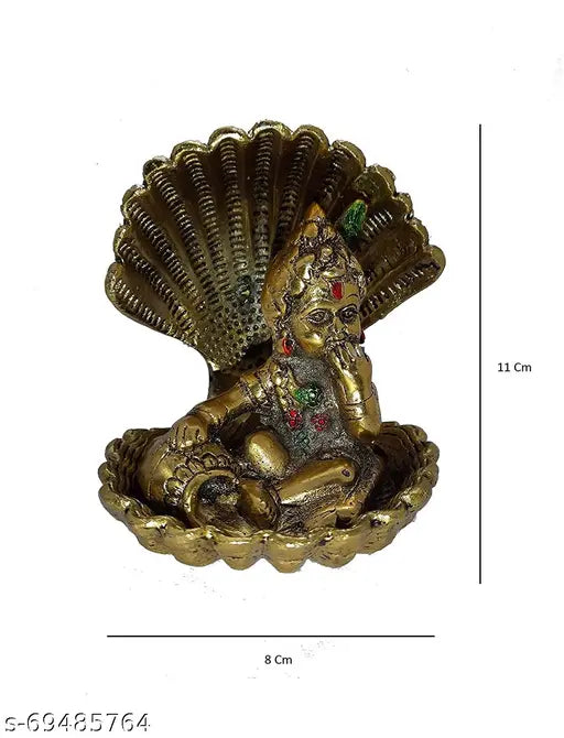 Gold-finished aluminum Krishna idol Ladoo Gopal cover shesnag for pooja and decorative showcase, Indian handcrafted religious artifact on display