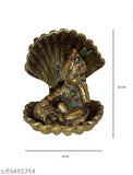 Gold-finished aluminum Krishna idol Ladoo Gopal cover shesnag for pooja and decorative showcase, Indian handcrafted religious artifact on display