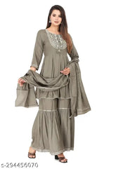 Grey rayon kurta set with sharara and dupatta for women, featuring A-line style and three-quarter sleeves, hand-wash only, exquisite embroidery and embellishments, perfect for festive occasions or casual outings