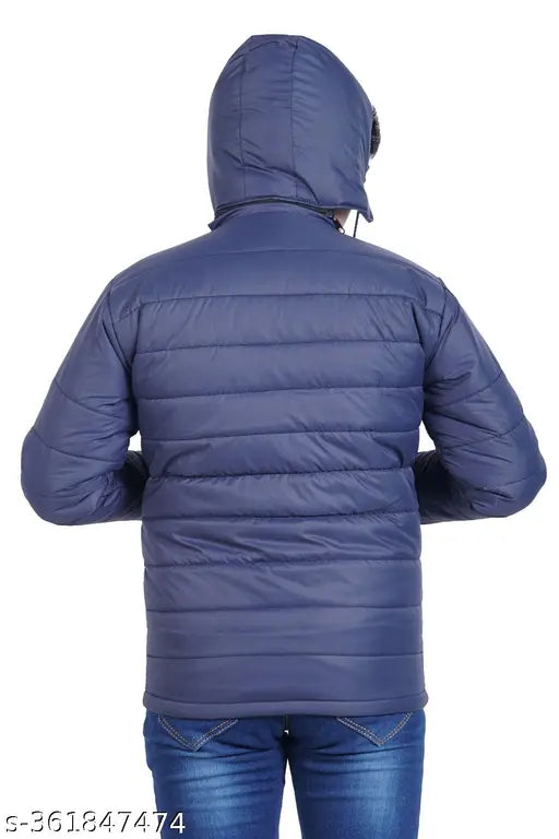 Blue faux leather full sleeve kids' winter jacket - durable, long sleeves, solid pattern (6-7 years or 34" chest/22" length)