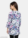 Multicolor floral print rayon lycra women's above-knee dress with mandarin collar and three-quarter sleeves. Made in India