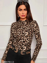 Black animal print polyester top, high neck and long sleeves, casual style for women, 23 inches