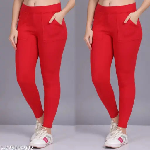 Cotton blend solid pocket jeggings pack 2, breathable, soft & stretchy for outdoor or casual wear