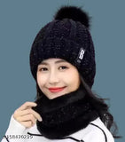 Woolen QTSY pompom cap for women and girls - Solid, soft, durable, warm beanie with face cover, ideal for cold winters and daily wear
