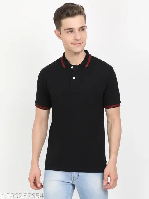 Black Masculino Latino Men's Solid Cotton Polo T-Shirt, short sleeves, premium quality, bio washed, 220 GSM, machine washable, India origin