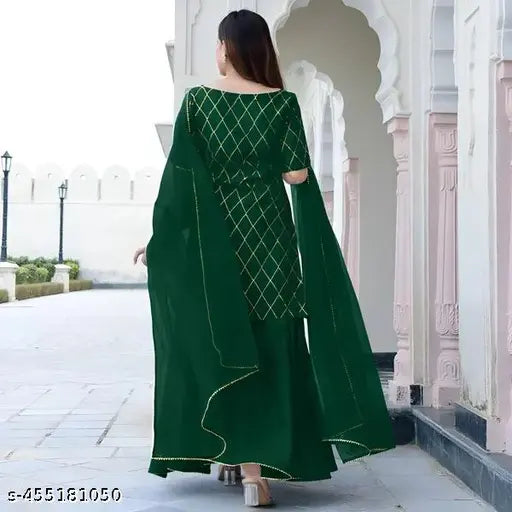 Rayon kurta set with sharara and dupatta, solid pattern, three-quarter sleeves, V-neck, Indian ethnic wear in sizes M, L, XL, XXL