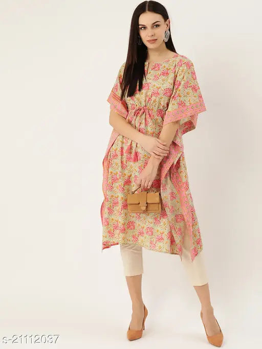 Green and Pink Cotton Kaftan Kurti, solid combo, three-quarter sleeves. Indian-made fashion clothing for women