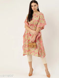 Green and Pink Cotton Kaftan Kurti, solid combo, three-quarter sleeves. Indian-made fashion clothing for women