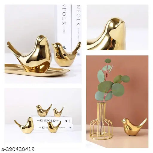 Golden ceramic Mystical Midnight sparrow sculpture (set of two), perfect for home decor