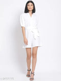 White women's polyester playsuit by Oxolloxo, features solid color, regular fit, mock collar, short puffed sleeves, and matching belt. Basic yet chic outfit