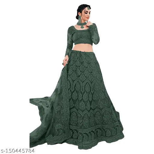 Trendy net-embroidered Lehenga Choli for women, semi-stitched with 44in waist and 44in length