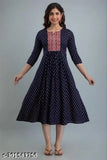 Trendy rayon kurti with printed embroidery, three-quarter sleeves. Indo-western style wedding outfit for sizes S to XXXL