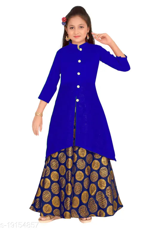 Girls pack of 2 Art Silk lehengas with Jacquard stitch, three-quarter sleeves, solid and jacquard patterns, for ages 4-15 years, Indian origin