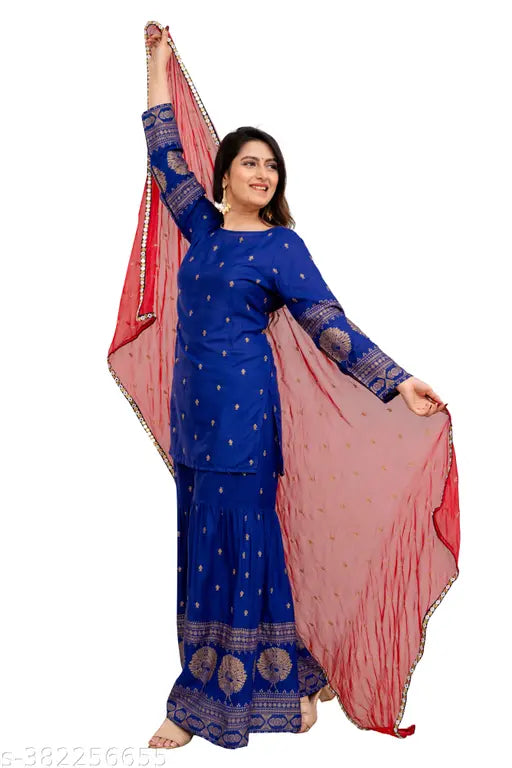 Printed embroidered rayon kurti-sharara set with net dupatta and skirt, royal blue Indian fashion for women