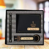Black Faux Leather Engraved Pen Combo Set with Keychain & Wallet, personalized for men by Sara Interprises