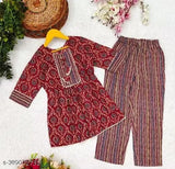 Girls' printed cotton coord set, three-quarter sleeves, round border lace, India origin