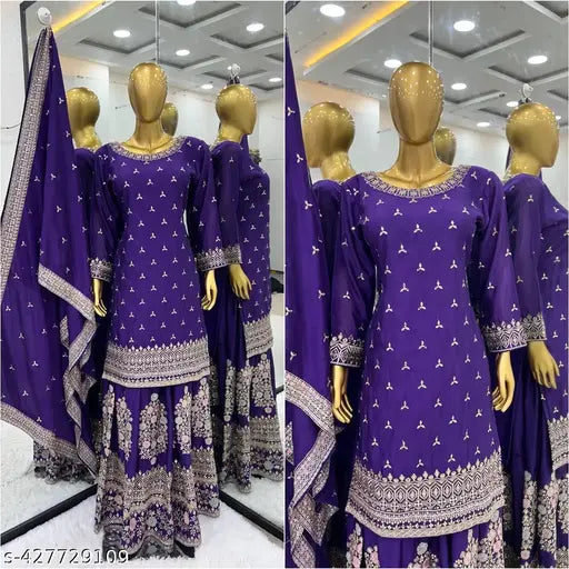 Chiffon printed party wear collection, including Launching New Designer Fancy Top-Dupatta and Fully Stitched Sharara set with three-quarter sleeves, embroidery sequence work, and lace border. Indian-made, available in M, L, XL, and XXL sizes