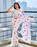 White heart saree, Valentine Festival Special, georgette fabric, printed design, faux gem detail, free size, India