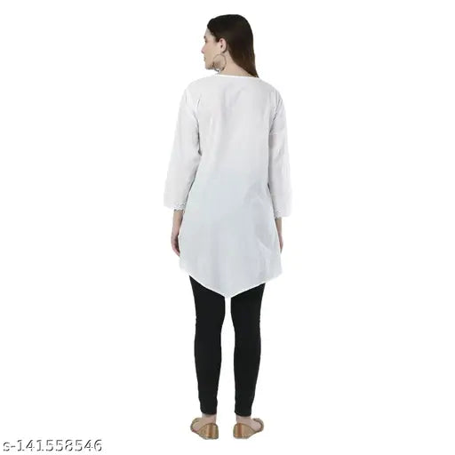 White Chikankari long-sleeved top, 100% cotton, embroidered design, suitable for casual daily wear or gifting