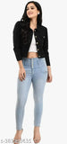 Black denim three-quarter sleeve jacket for women, solid pattern, size S (34in bust, 18in length)