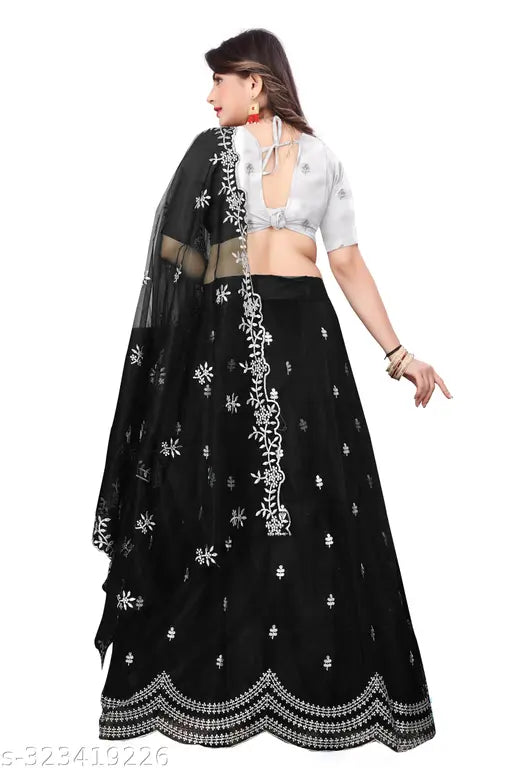 Graceful dupion silk lehenga with embroidered top and net bottom, free size, Indian origin" (125 characters)