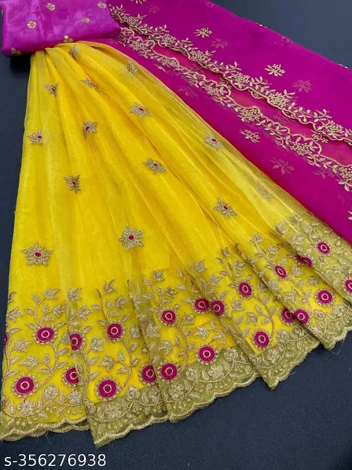 Embroidered net lehenga choli set in dupion silk and net, featuring botanical embroidery and semi stitch work, free size with inner silk lining