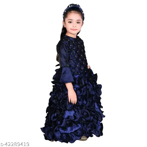 Navy blue satin frock for girls (2-8 years), self-designed net pattern, comfortable and versatile
