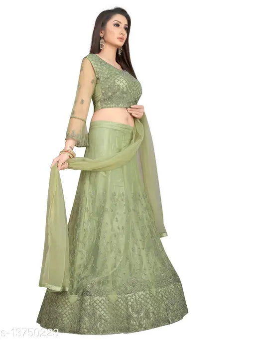 Vaksha Pista green embroidered nylon net flared lehenga with unstitched blouse, Indian semi-stitched wedding wear
