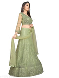 Vaksha Pista green embroidered nylon net flared lehenga with unstitched blouse, Indian semi-stitched wedding wear
