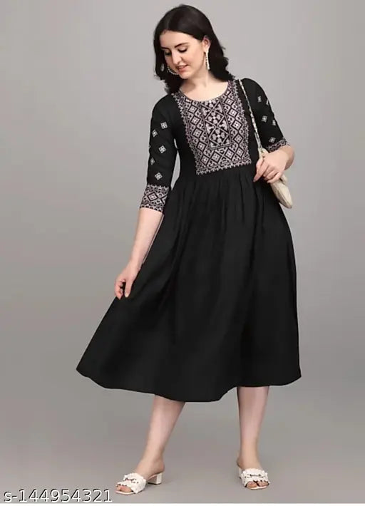 Embroidered black flared rayon kurti, intricate embroidery, designer party wear outfit, statement fashion in India (L: 46in, XL: 46in, XXL: 46in, 5XL)