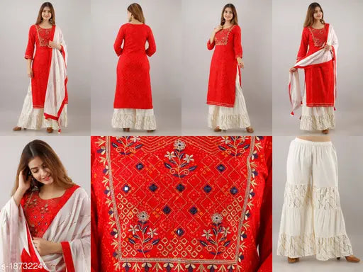 Red rayon embroidered kurta sharara with dupatta and bottomwear on mannequin