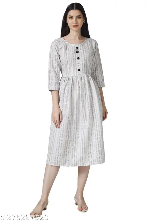 Designer white cotton striped maxi dress, three-quarter sleeves, daily wear for women (S-XXL), India origin