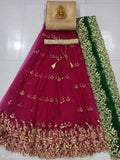 Unstitched traditional women's embroidered silk & net lehenga set with embellished belt, India