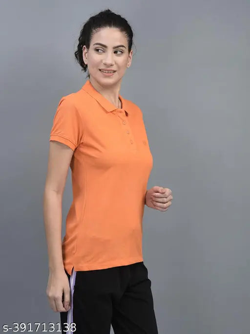 Orange cotton-blend women's polo neck t-shirt, short sleeves, embroidered logo, India origin