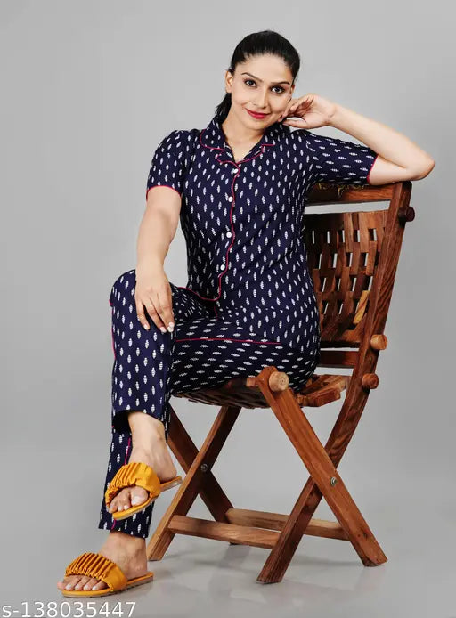 Nevy Blue Rayon Chhoti Print Night Suit, printed short-sleeved shirt and pyjama set with nevy blue chhoti buti print, hand wash with care, India origin