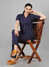 Nevy Blue Rayon Chhoti Print Night Suit, printed short-sleeved shirt and pyjama set with nevy blue chhoti buti print, hand wash with care, India origin