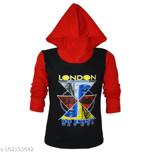 Cotton blend kids' hooded printed contrast full sleeve t-shirt combo (pack of 5), ages 2-8 years, India origin