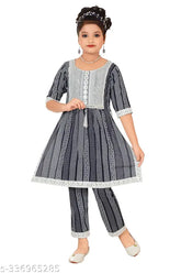 Trendy Girls Black Cotton Blend Palazzos Salwar Suite - Printed, knee-length top with three-quarter sleeves, no dupatta, for children aged 5-8 years. Made in India