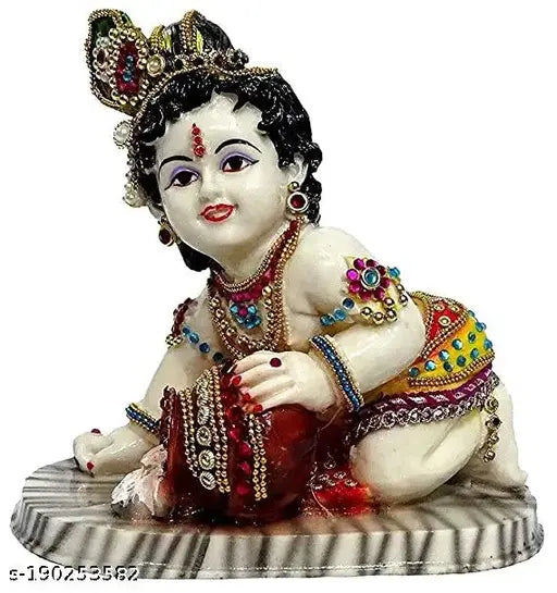 Multicolor resin Lord Krishna Makhan Chor Idol by Pranav Enterprises. Ideal for home, office, or temple decoration." (109 characters)