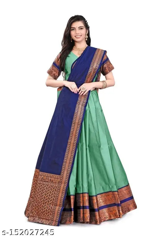 Art Silk South Indian bridal lehenga-choli set with Chanderi dupatta, unstitched and solid pattern for girls aged 11-16 years. Solid lehenga and choli with zari prints, paired with a matching fancy border dupatta. Best quality Litchi silk fabric, dry clean only. Origin: India. (Lehenga waist size range: 35" - 39", Lehenga length size: 35", Dupatta length: 2.25m, Choli/Blouse unstitched to any pattern and size)