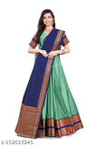Art Silk South Indian bridal lehenga-choli set with Chanderi dupatta, unstitched and solid pattern for girls aged 11-16 years. Solid lehenga and choli with zari prints, paired with a matching fancy border dupatta. Best quality Litchi silk fabric, dry clean only. Origin: India. (Lehenga waist size range: 35" - 39", Lehenga length size: 35", Dupatta length: 2.25m, Choli/Blouse unstitched to any pattern and size)