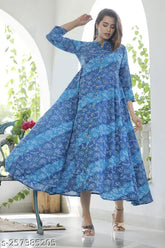 Blue cotton bandej printed anarkali dress kurta with mandarin collar, three-quarter sleeves, size S - XXL. Indian women's fashion wear on model