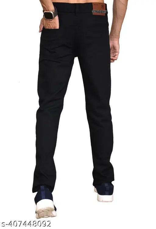 Mens black slim-fit low rise denim jeans, durable construction with stretch for comfort and modern silhouette. Sizes: 28"x39", 30"x39", 32"x39". Made in India