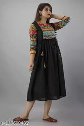 Long black rayon Anarkali kurta with embroidered pattern, three-quarter sleeves for women - Indian traditional clothing